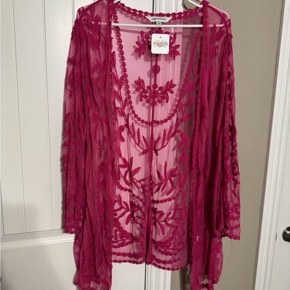 DAVI & DANI Pink Floral Mesh Cardigan